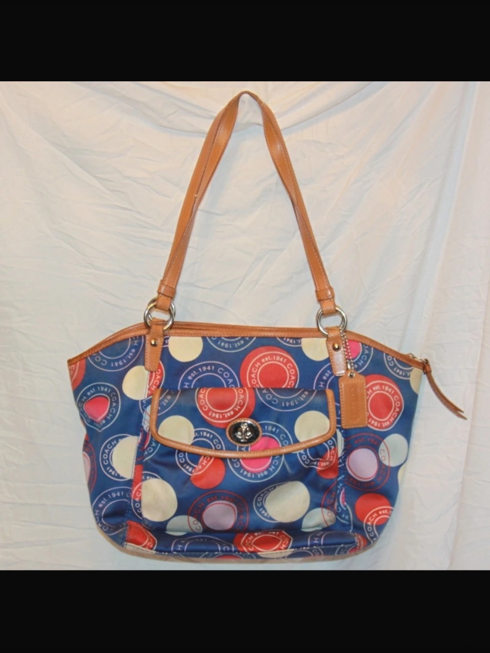 Coach Blue Multicolor Dot Shoulder Bag with Tan Trim